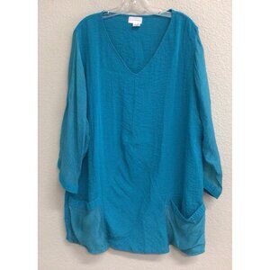 Soft Surroundings Women's Tunic Roll Tab Blouse Turquoise Size 1X Pockets